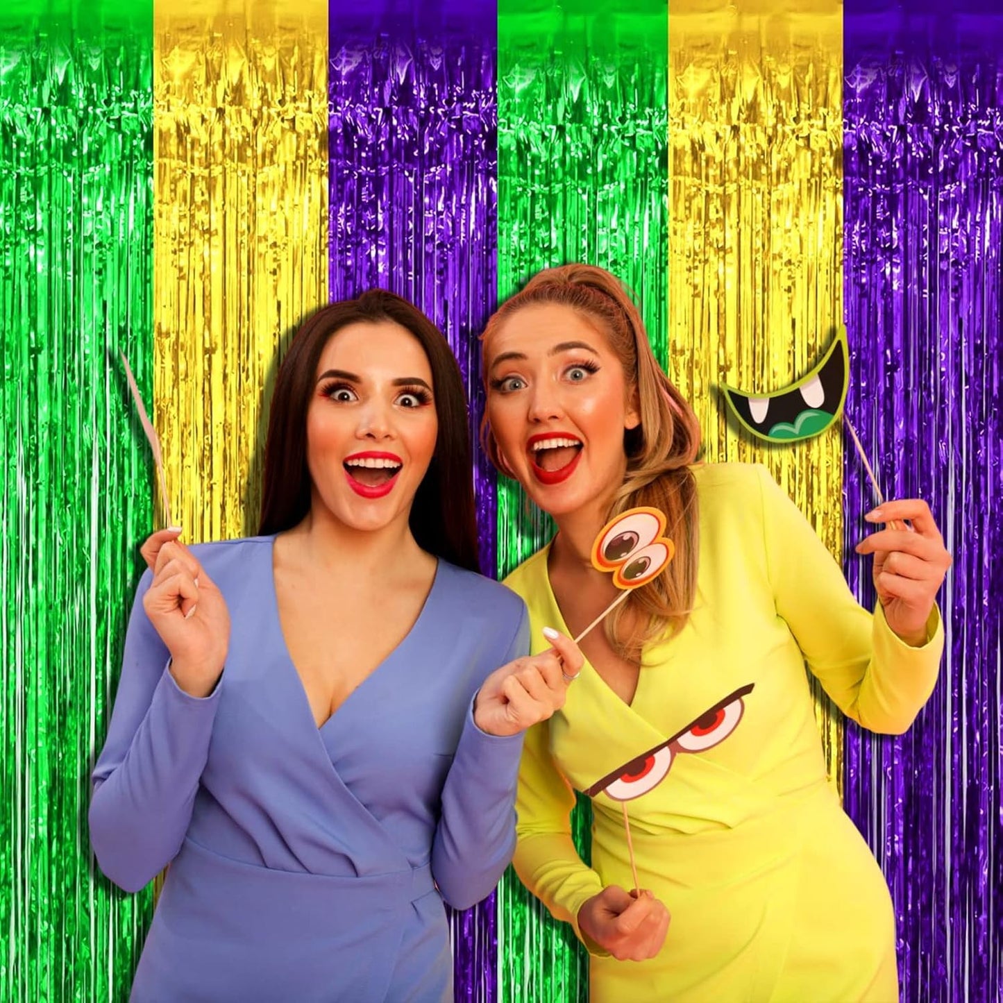 4 Pack Mardi Gras Foil Fringe Curtain Backdrop, 3.28Ft x 8.2Ft Gold Green Purple Metallic Tinsel Foil Fringe Streamers Curtains for Photo Booth, Wedding, Birthday Party Decoration