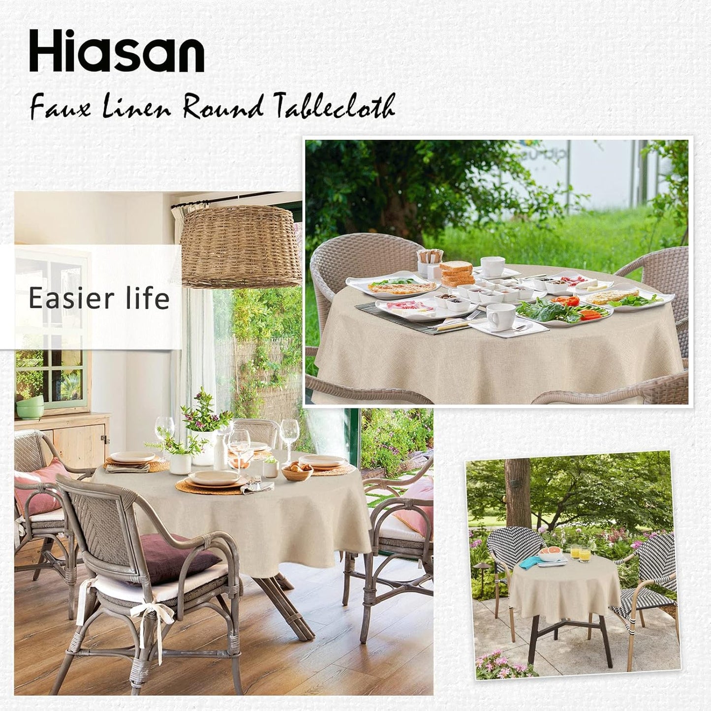 Hiasan Round Tablecloth 80 Inch Linen - Wrinkle and Stain Resistant Washable Polyester Fabric Table Cloth for Dining Room Kitchen Party, Beige