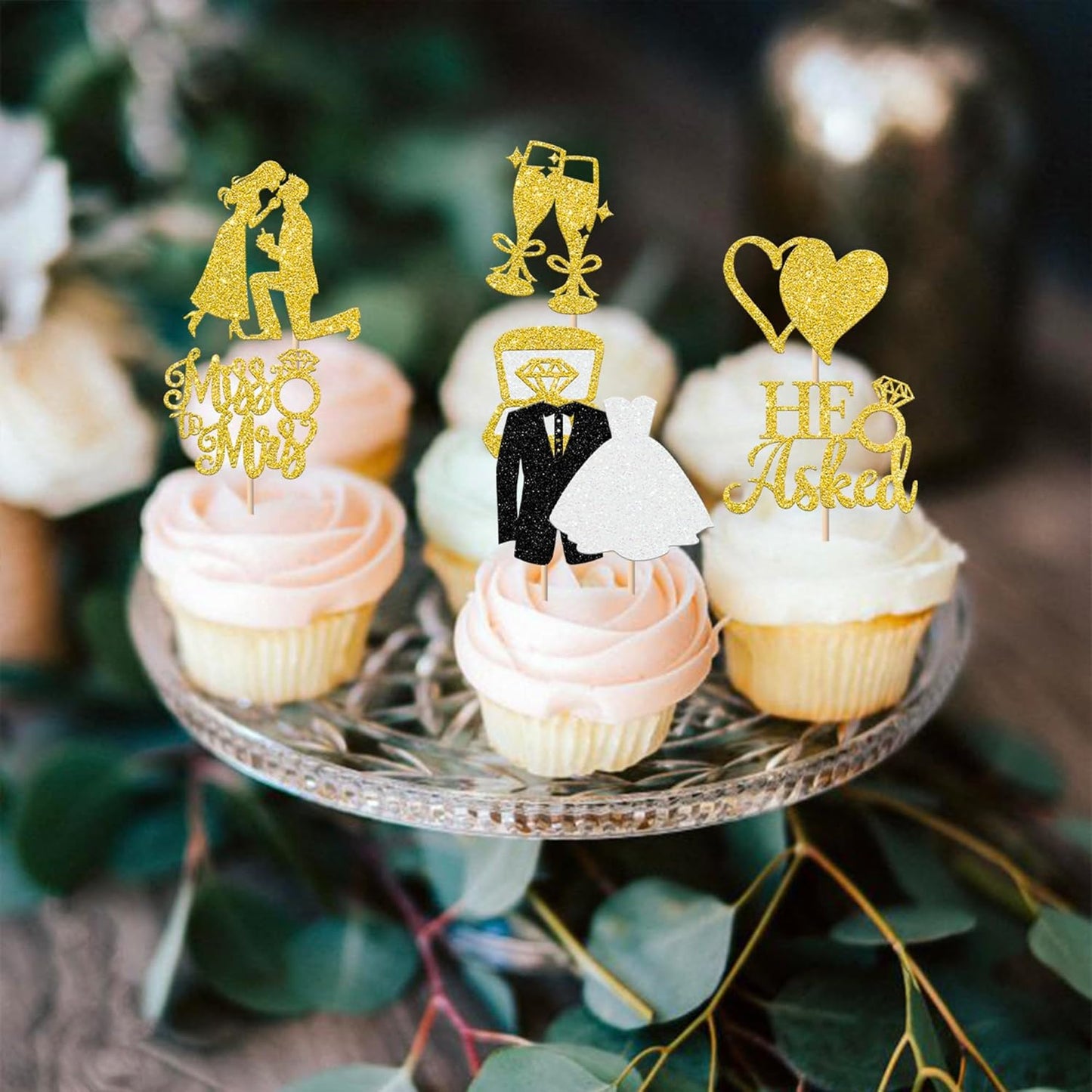 30 Pack Bride to be Cupcake Toppers Glitter Diamond Ring I Do Love Cupcake Picks Miss to Mrs He Asked She Said Yes Bridal Shower Wedding Engagement Bachelorette Cake Decoration Gold