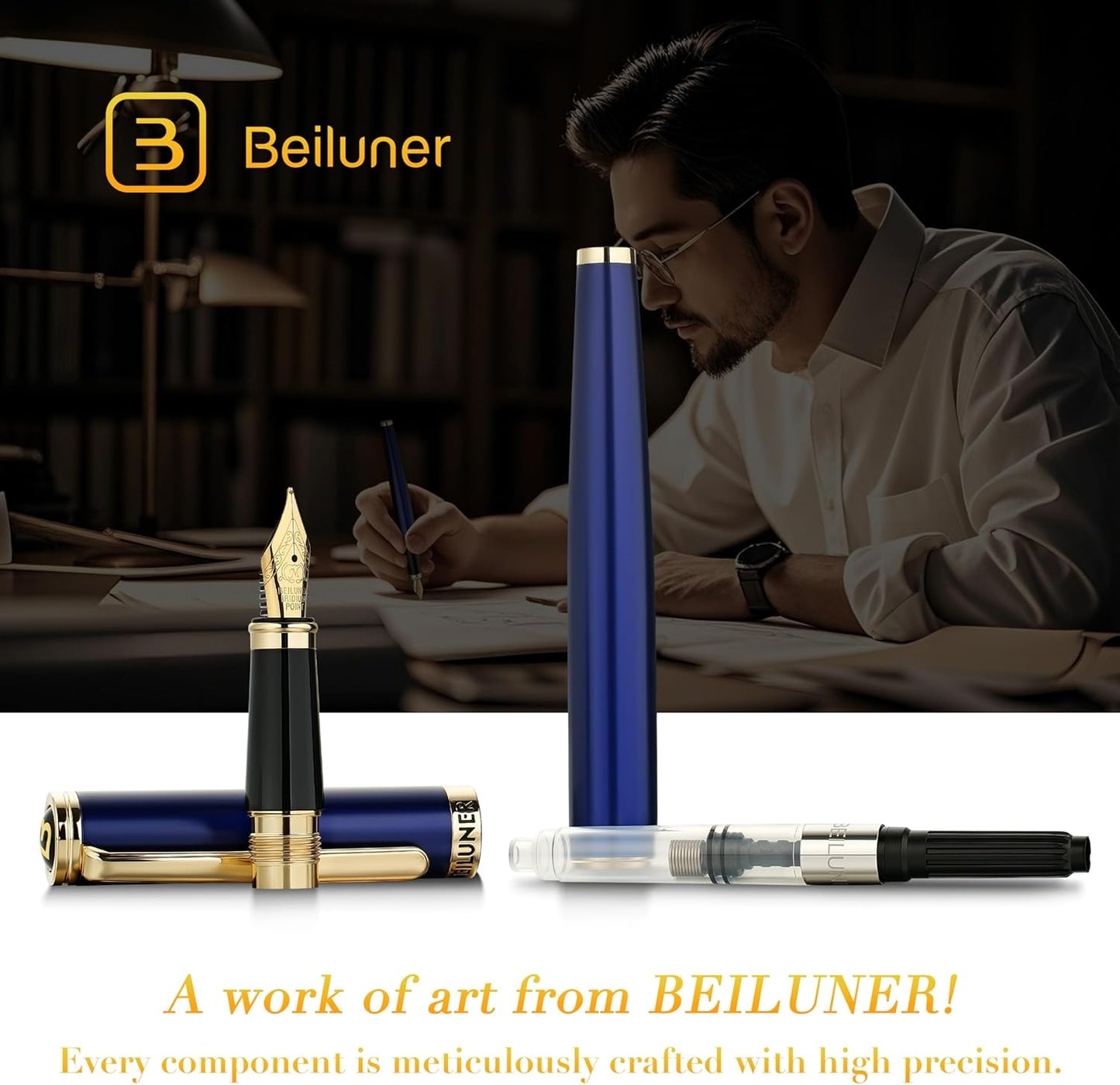 BEILUNER Blue Fountain Pen,Stunning Luxury Pens with 24K Gold Finish, Gorgeous 24K Gilded Nib(Medium), Fancy Pen Gift for Men&Women -Ink Converter-Elegant, Reliable,Nice Pen for Writing