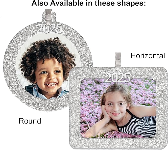 2025 Photo Ornaments for Christmas Tree, Sparkly Glitter Christmas Frame Ornament, Easy-Load Magnetic Design, Includes Satin Ribbon, Silver Charm & Photo Protector, Vertical, Silver