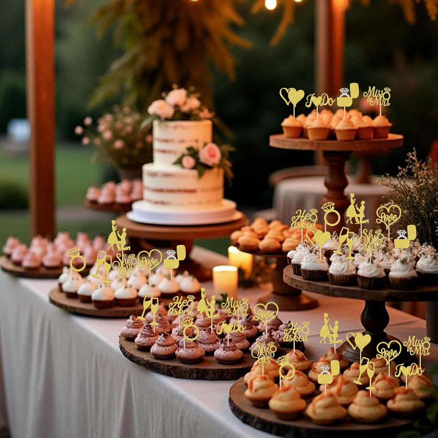 30 PCS He Asked She Said Yes Cupcake Toppers Glitter Engagement Cupcake Toppers Miss to Mrs I Do Love Heart Ring Miss to Mrs Cupcake Picks for Wedding Engagement Party Cake Decorations Supplies Gold