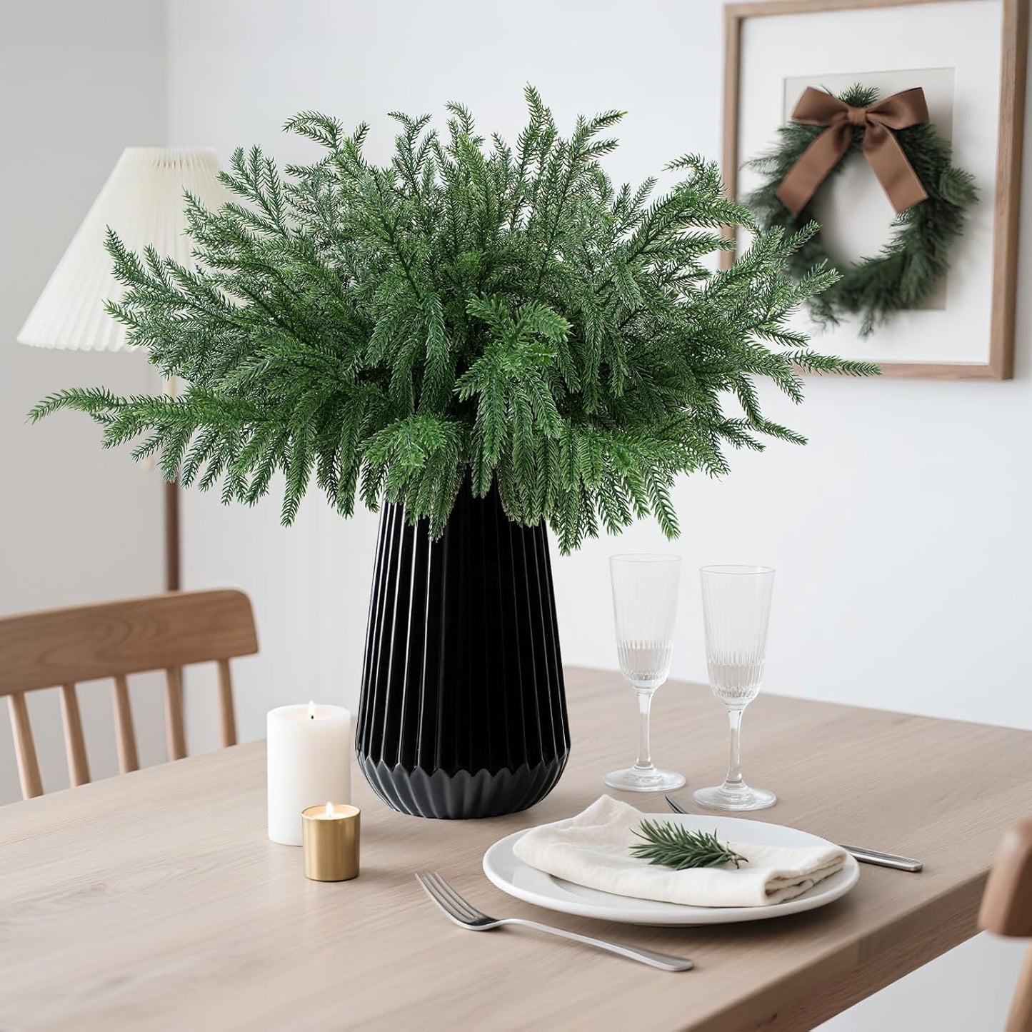 12 Pcs Christmas Norfolk Pine Branches, Artificial Pine Christmas Stems Real Touch Faux Greenery Pine Picks for Vase DIY Garland Wreath Home Indoor Outdoor Decoration