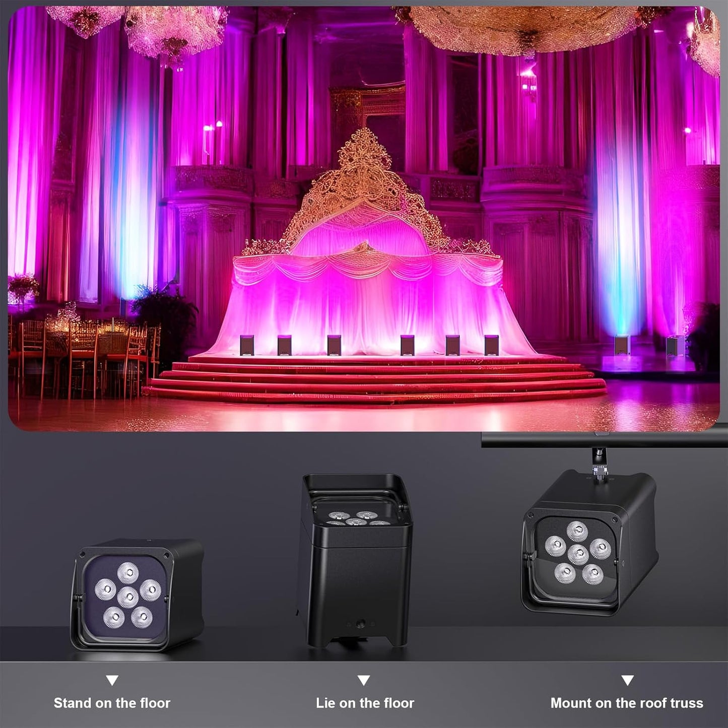 9600mAh Wireless Uplights, 6x18W RGBWA UV Stage Lights, APP/DMX512 Controlled Par Lights, Rechargeable Battery Powered Uplights for Show, Party, Festival, Event, Black, 10 Pack