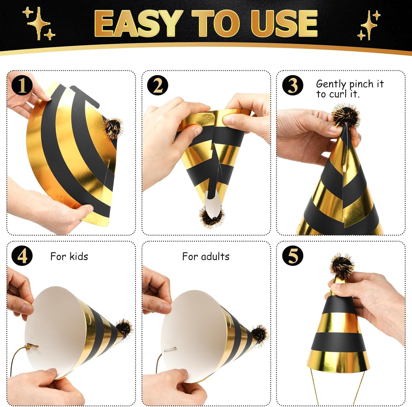 34 Pcs Birthday Party Hats - Gold Cone Hats Including 12 Paper Hats and 22 Noise Makers