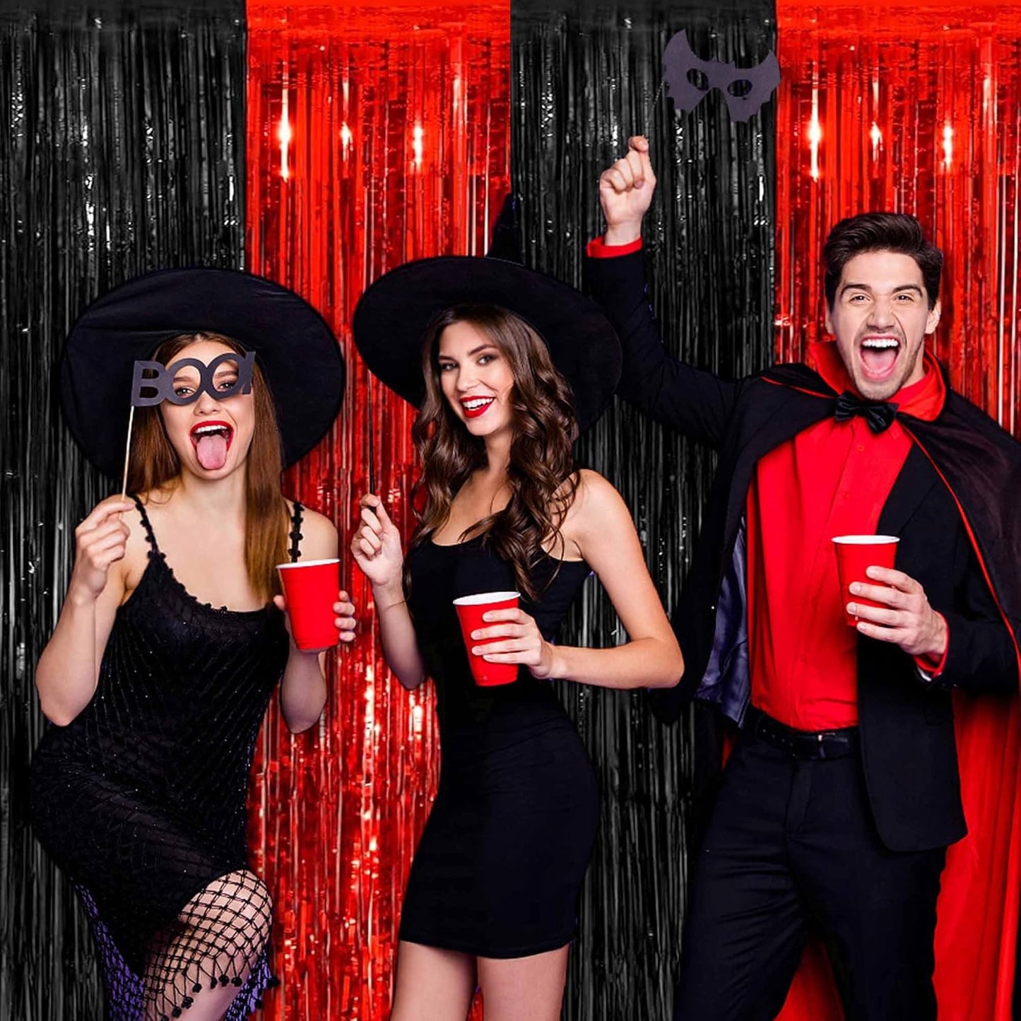 6 Pack Black and Red Foil Fringe Curtains Backdrop, 3.28 x 8.2 Ft Metallic Streamers Tinsel Curtains Background for Photo Booth, Birthday, Weddings, Carnivals, Graduation, Themed Party Decorations