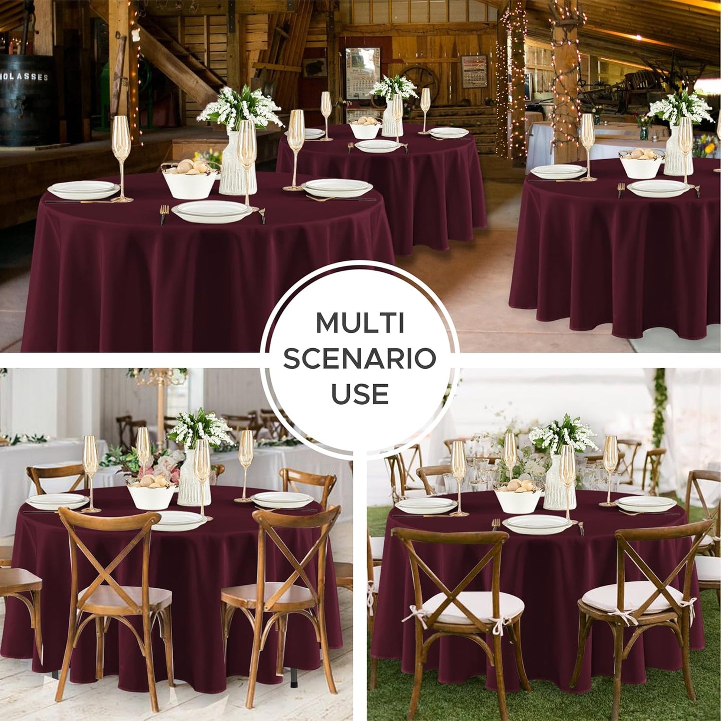 Fitable 8 Pack Round Tablecloths: Stain Resistant Wrinkle Free Circle Table Clothes, Washable Reusable Polyester Table Covers for Wedding Party Birthday Banquet Reception(Burgundy, 120 Inch)