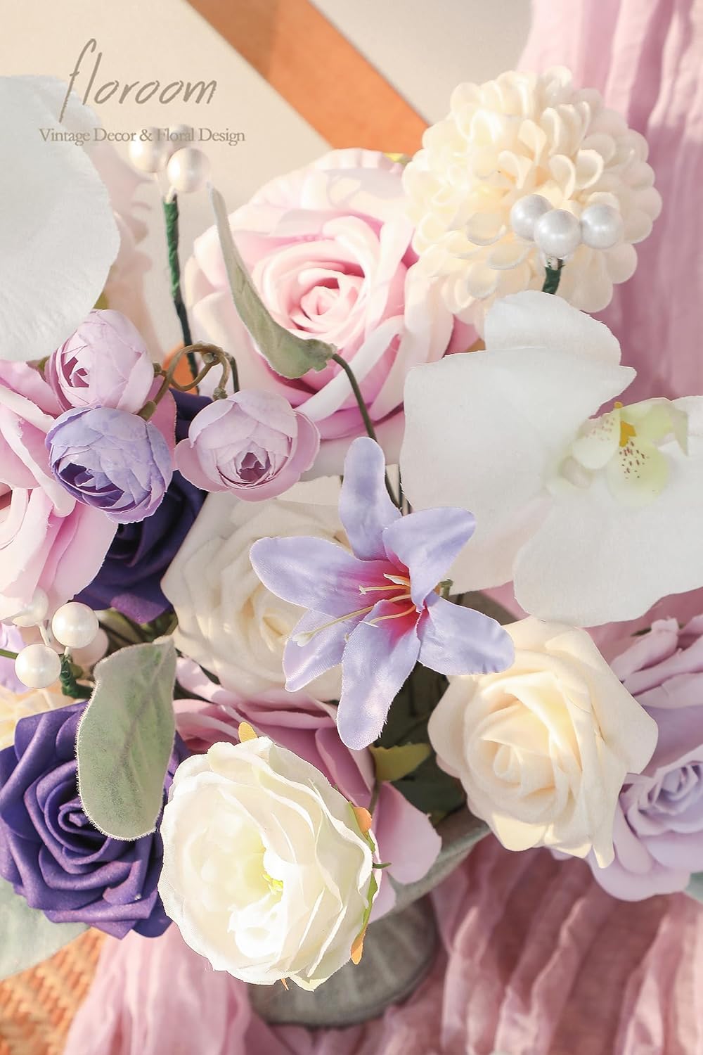 Floroom Lilac Lavender Purple Cream Artificial Flowers Fake Roses Dahlias and Greenery Combo Box Set for DIY Wedding Bouquets Bridal Shower Centerpieces Floral Arrangements Party Tables Decorations