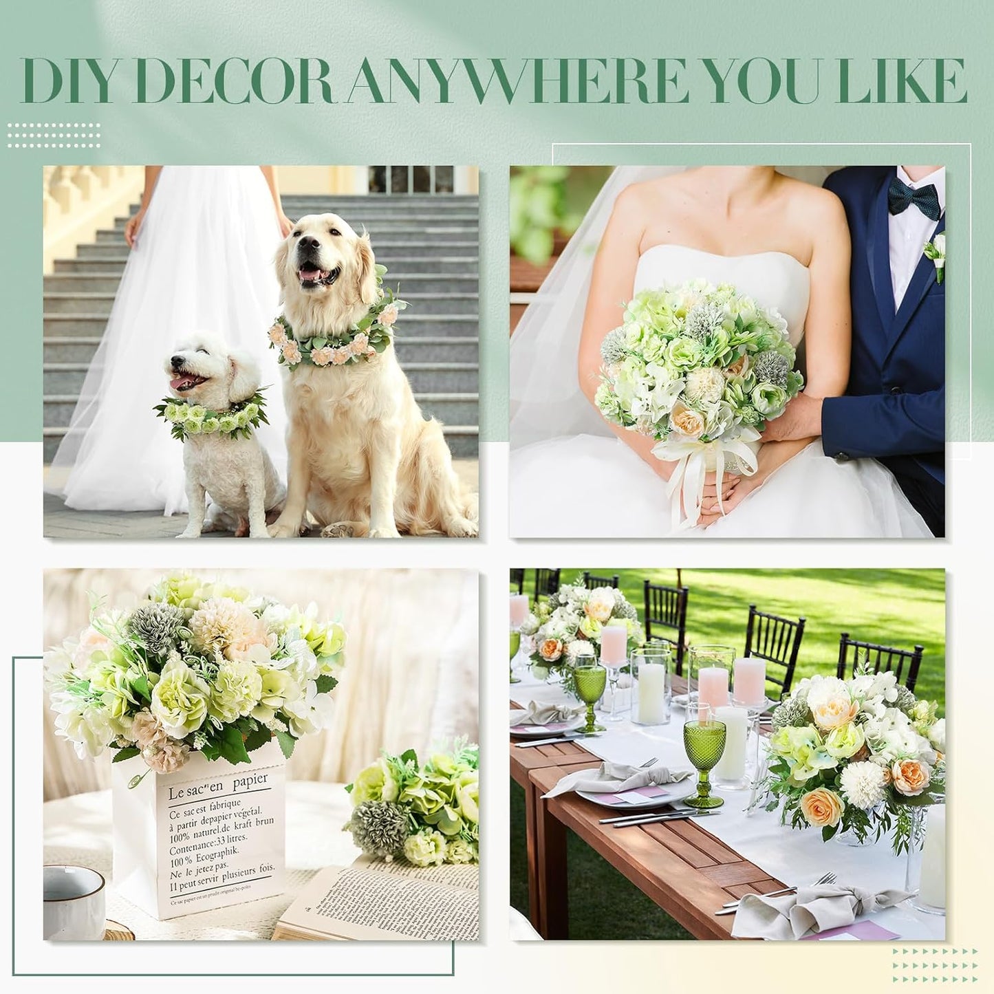 Tigeen Artificial Flowers Artificial Peonies Silk Flowers Faux Peony Fake Peony Silk Hydrangea Bouquet for Wedding Table Centerpiece Floral Vase Decor (White,Green,12 Bundles)