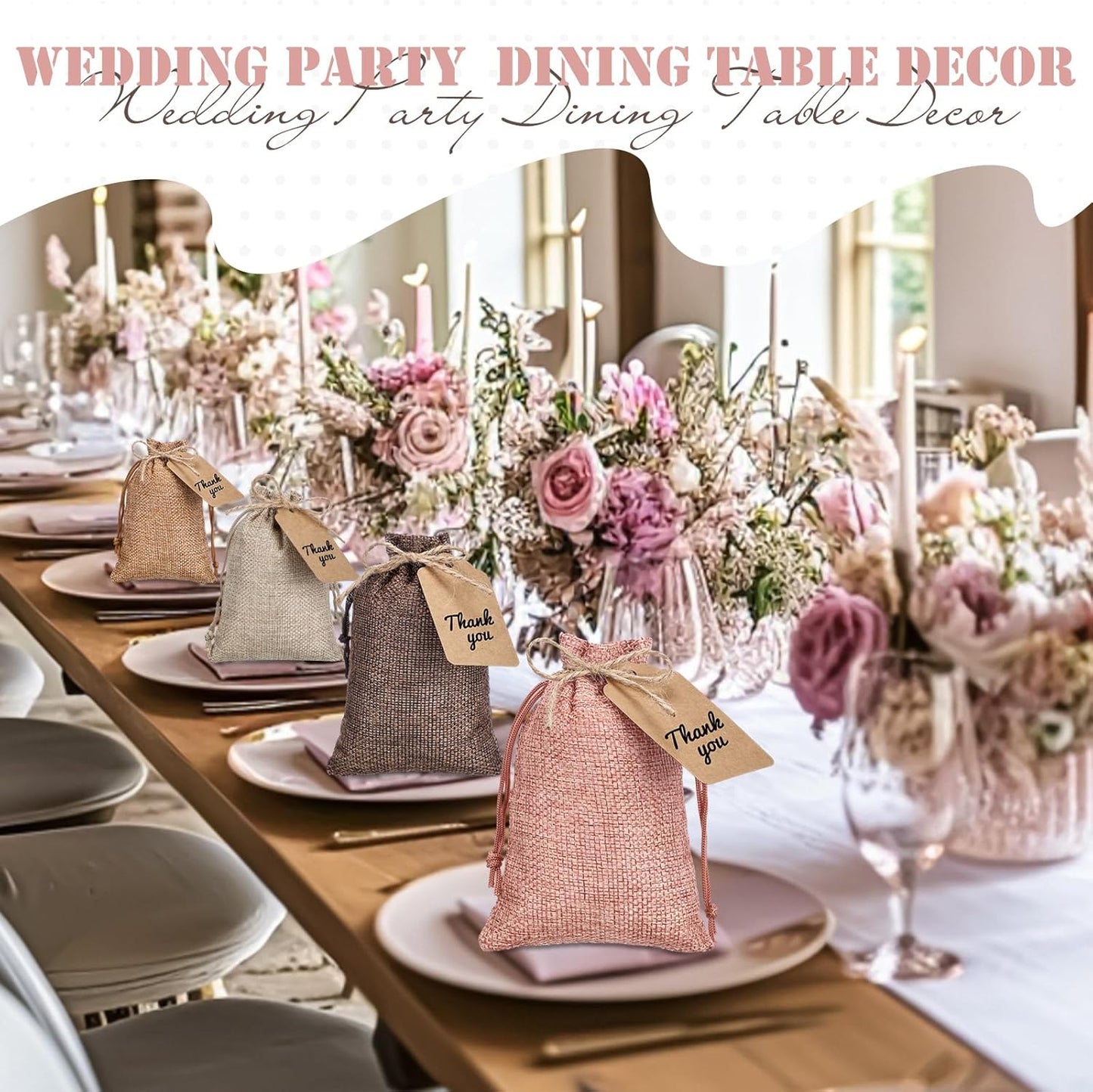 Woanger 100 Pcs Burlap Gift Bags with 100 Pcs Kraft Paper Gift Tags Drawstring Favor Bulk Burlap Sack Bags for DIY Wedding Party Craft(4 x 6 Inch,Beige, Medium Brown, Dark Brown, Gray Pink)