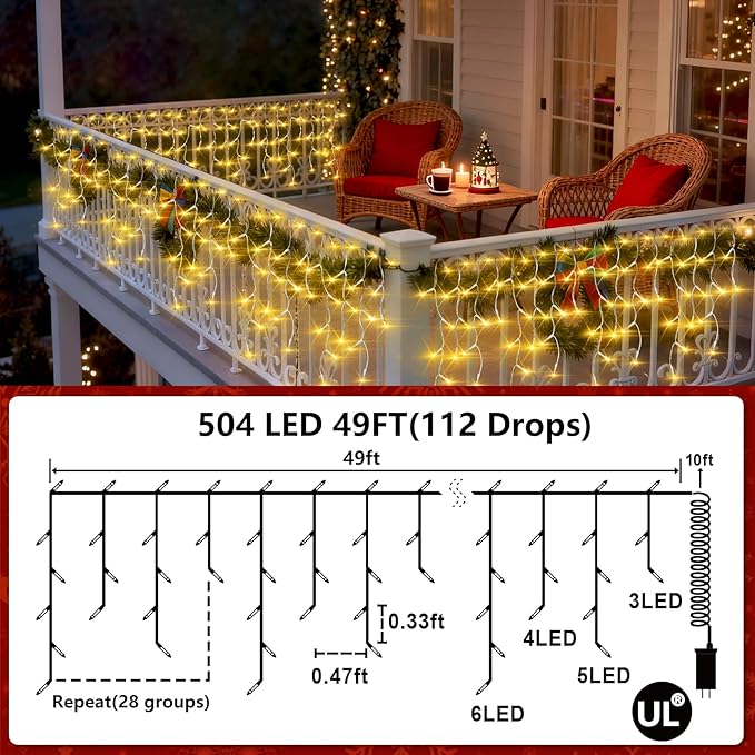 504 LED Fairy lights for Bedroom, 50ft Christmas Window Lights with 112 Drops 12 Modes, Dimmable Curtain Lights, String Lights Indoor Outdoor for Holiday Wedding Party Home Decorations, Warm White