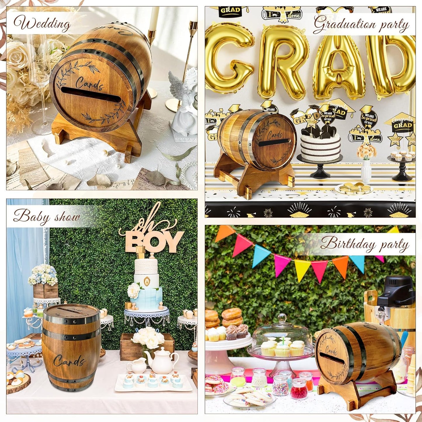 OurWarm Wooden Wedding Card Box for Party with Base, Brown Whiskey Barrel Gift Card Box Holder for Cards Envelops and Money, Rustic Wedding Decor for Graduation Baby Shower Birthday Party