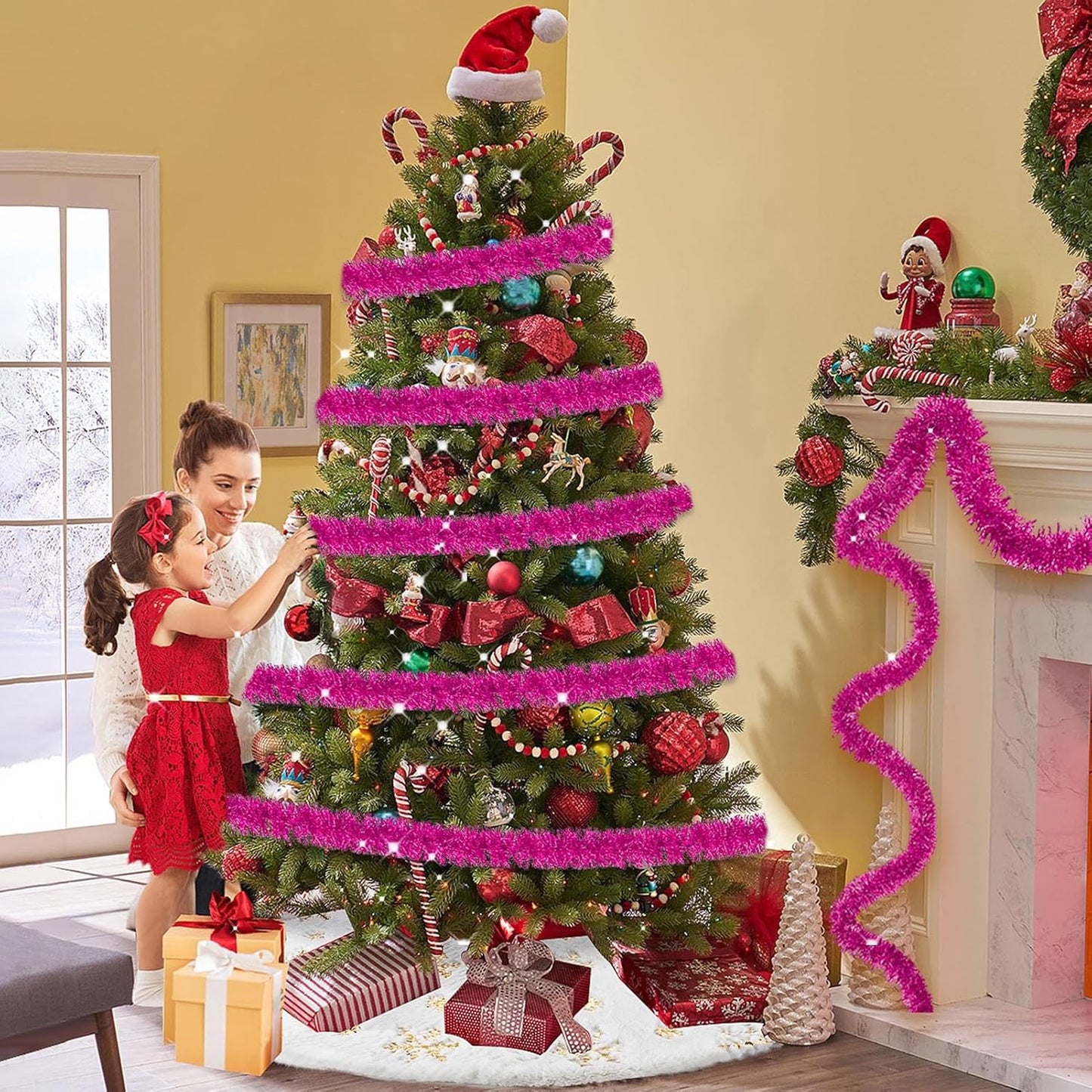 25 Feet Metallic Twist Tinsel Garland Backdrop for Parade Floats, Christmas Eve, New Year, Valentine's Day Party Decorations (Fuchsia, 4in x 25ft)