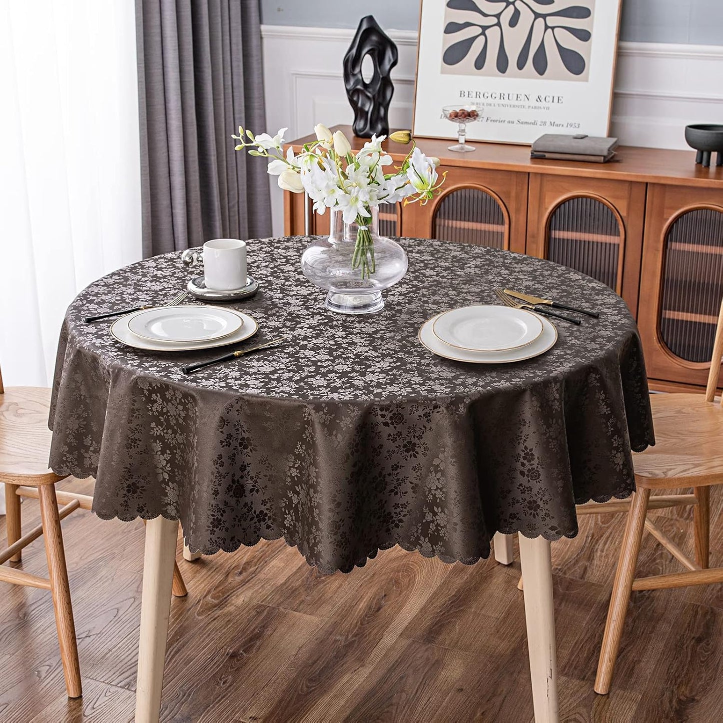 Smiry Round Table Cloth, Waterproof Heavy Duty Vinyl Tablecloths, Wipeable Washable Table Cover for Kitchen and Dining Room (Coffee, 60" Round)
