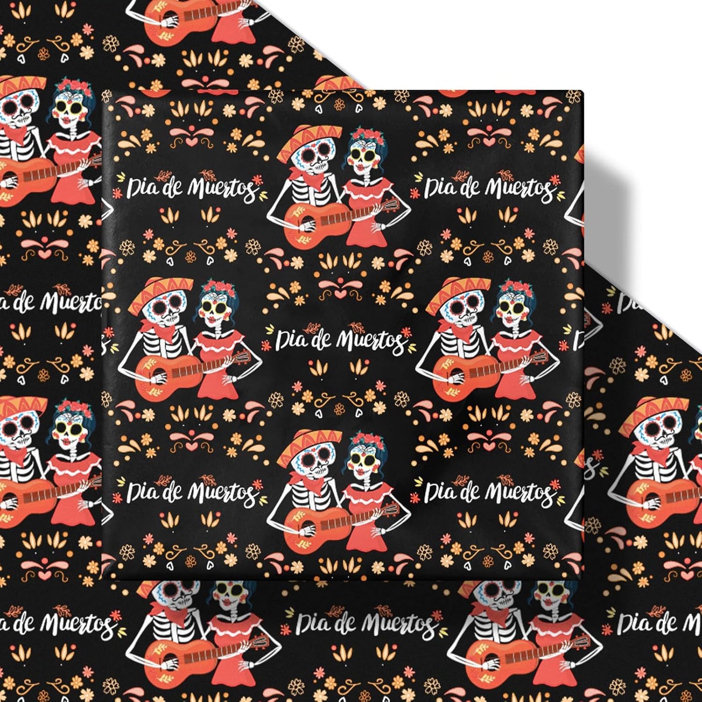 LeZakaa Day of the Dead Wrapping Paper Roll, Skulls, Día de Muertos Skeleton Couple Playing Guitar Design, for Party Celebrations, Romance, Mini Roll 17 in x 16.4 Ft