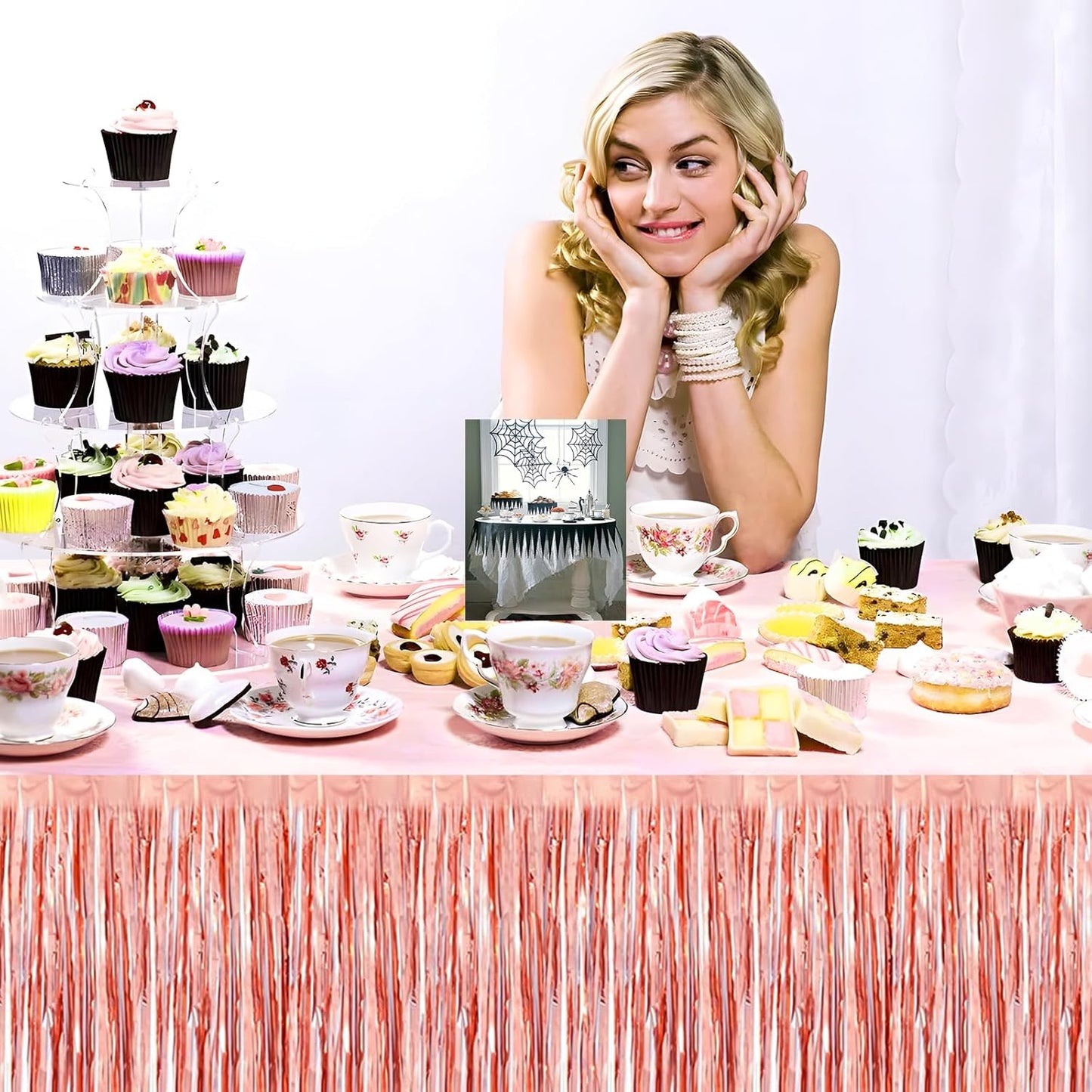 3 Pack 29x108 Inch Rose Gold Foil Fringe Table Skirts Metallic Banner for Tinsel Streamer Garland Backdrop for Parade Floats Wedding Thanksgiving Birthday Christmas Halloween Party Decoration