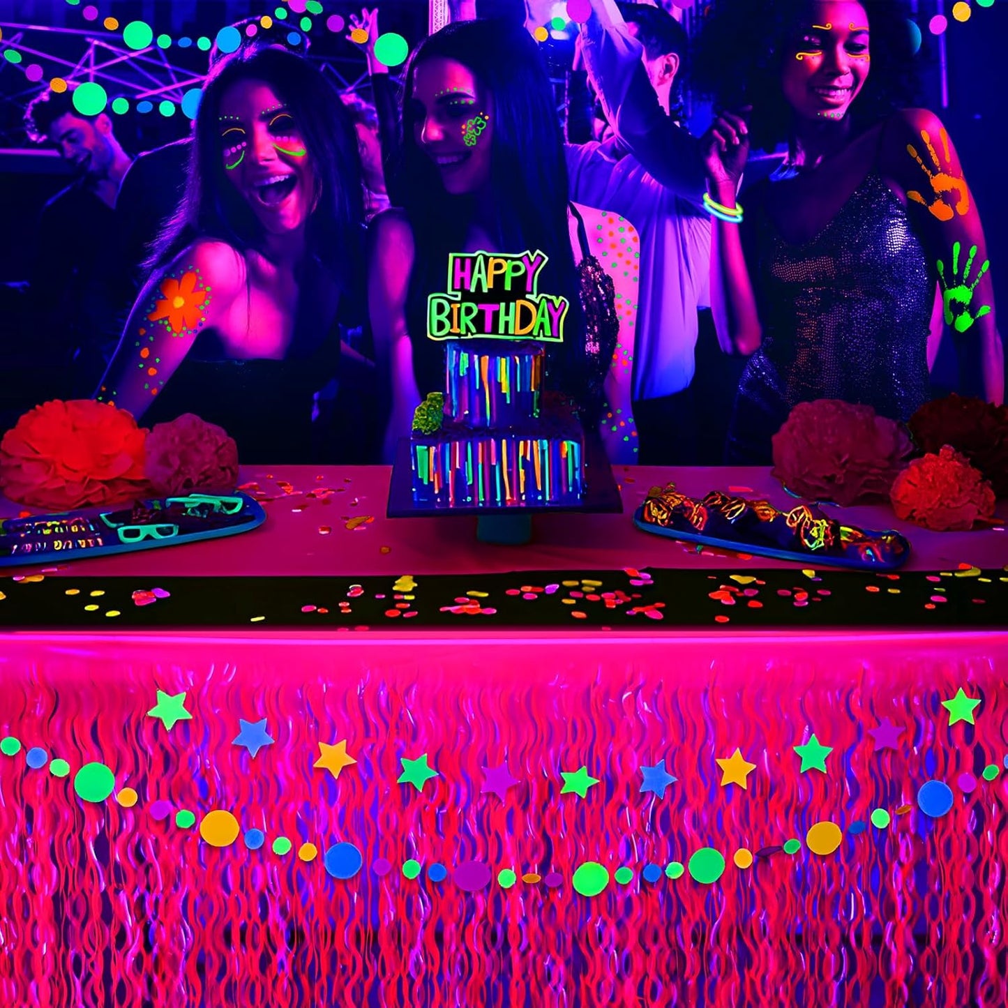 Mega-L Glow in The Dark Party Supplies, 2 Pack Neon Party Decorations Fluorescent Macaron Fuchsia Wavy Metallic Tinsel Foil Fringe Table Skirts, Perfect Table Decors for Glow Birthday Decor