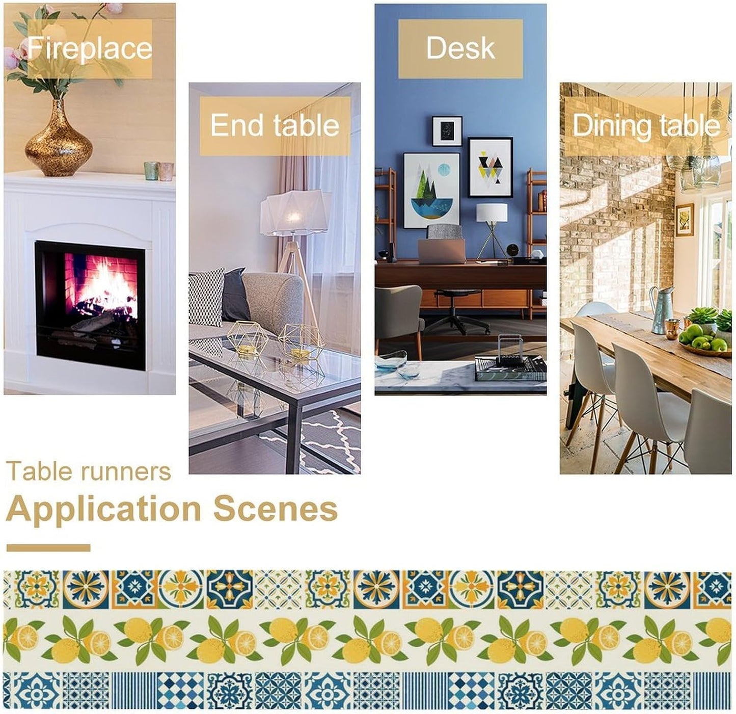 Lemon Table Runner,Watercolor Blue Fruits Green Leaves Print Table Cloth Kitchen Dining Table Home Party Decoration 13x72 Inch