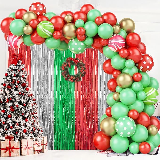 3 Pack Foil Fringe Backdrop - Shiny Tinsel Curtains for Party Decoration/Photo Booth Props - 3.3x8.2FT Metallic Foil Backdrop for Birthday, Wedding, Graduation, Christmas-Red&Silver&Green