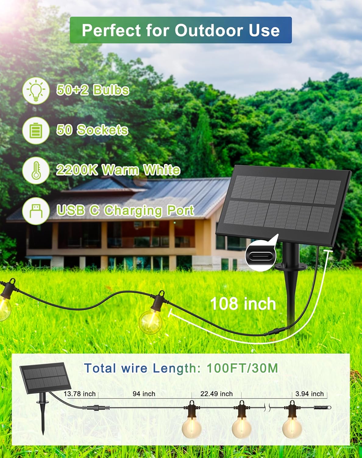 Solar String Lights Outdoor Waterproof 100FT with USB Port and 52 Shatterproof G40 Bulbs(2 Spare), LED Solar Powered Patio Lights for Outside, Porch, Backyard, Gazebo, Garden(Warm White)