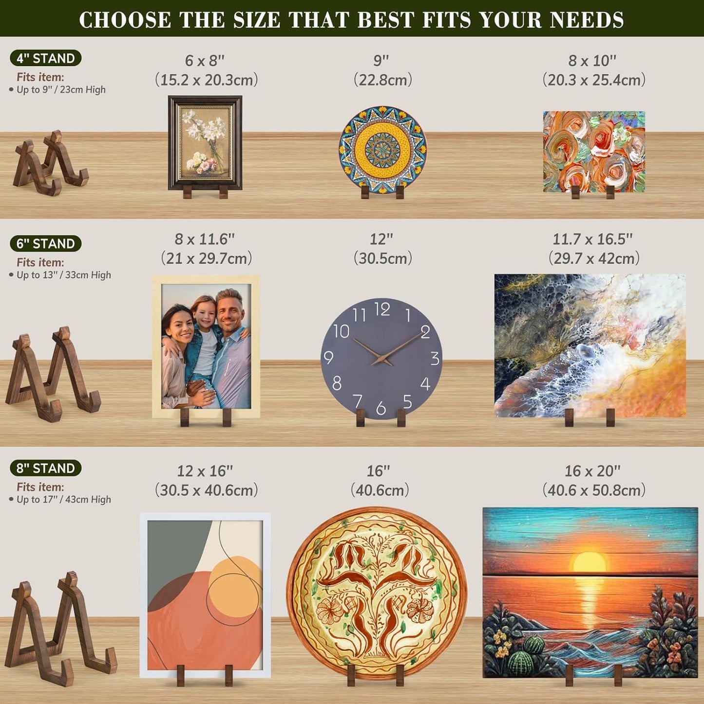 Plate Display Stand, 3 Pack 4 Inch Plate Holder for Displaying, Decorative Picture Frame Dish Photo Plaque Platter Wood Stand