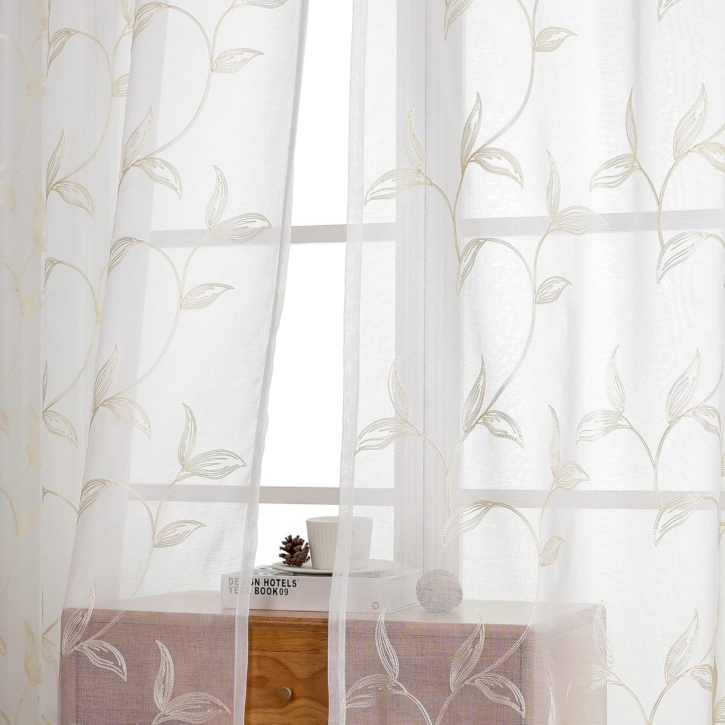VISIONTEX Sheer Curtains 120 inch Length 2 Panels Set, White Voile Crushed Cream Vine Leaves Embroidery, Rod Pocket Embroidered Window Drapes for Living Room and Bedroom, 54" x 120"