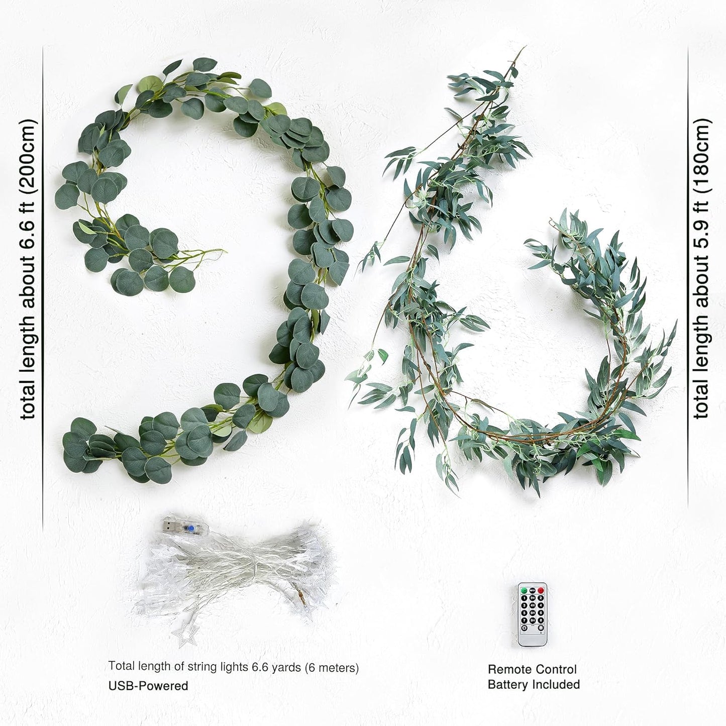 FiveSeasonStuff Woodland Whispers: Rustic Willow and Eucalyptus Garlands with 33 Feet 80 LED Star String Lights (Battery-Powered)