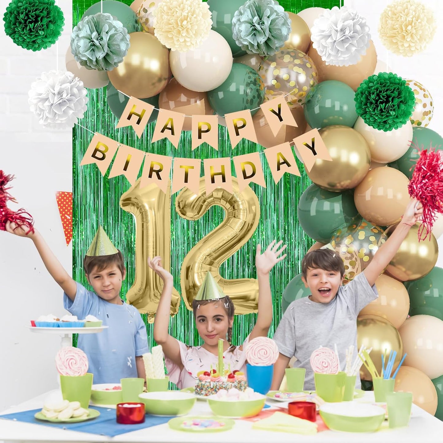 Sage Green 12th Birthday Decorations for Boys Girls Gold Number 12 Balloon Nude Gold Happy Birthday Banner Fringe Curtain Paper Pom Poms Olive Green Cream White Sand Star Foil Balloons Party Decor