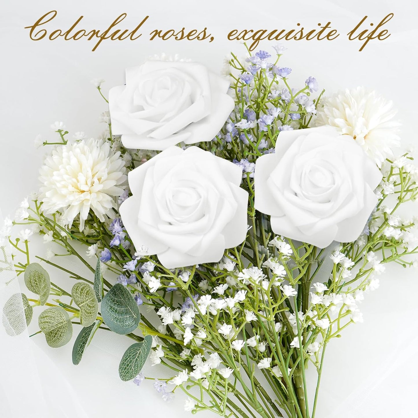 BLEUM CADE 36Pcs Artificial Flowers Fake Roses with Stems, White Boxed Foam Roses for DIY Bouquets Centerpieces Wedding Party Arrangement Bridal Shower Decor