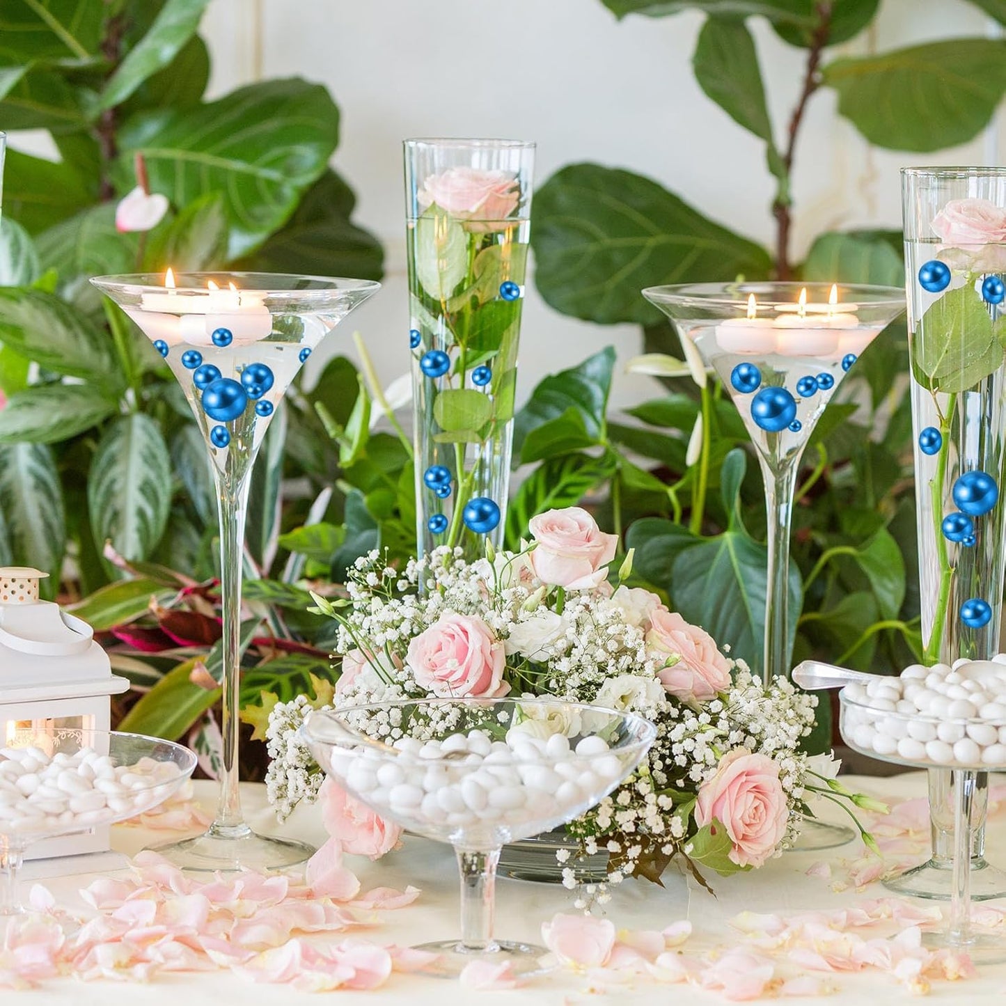 100PCS Blue Faux Pearls Beads for Centerpiece Vases, Vase Filler Faux Pearls, No Holes Filler Beads for Party Anniversary Birthday Wedding Table Decor, 14/20/30mm