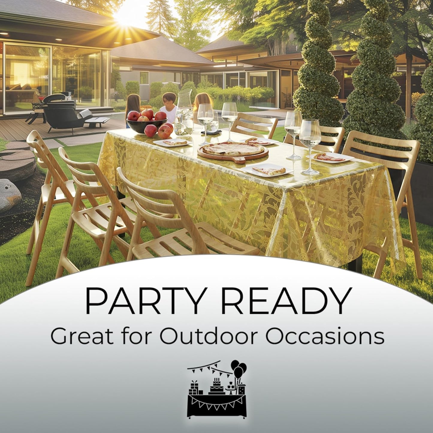 Exquisite Lace Table Cloth Rectangle Table Plastic 12-Pack Lace Tablecloth Rectangular 54" X 108" | Clear & Gold Floral Tablecloth Disposable | Wild Flower Party Decorations & Party Supplies