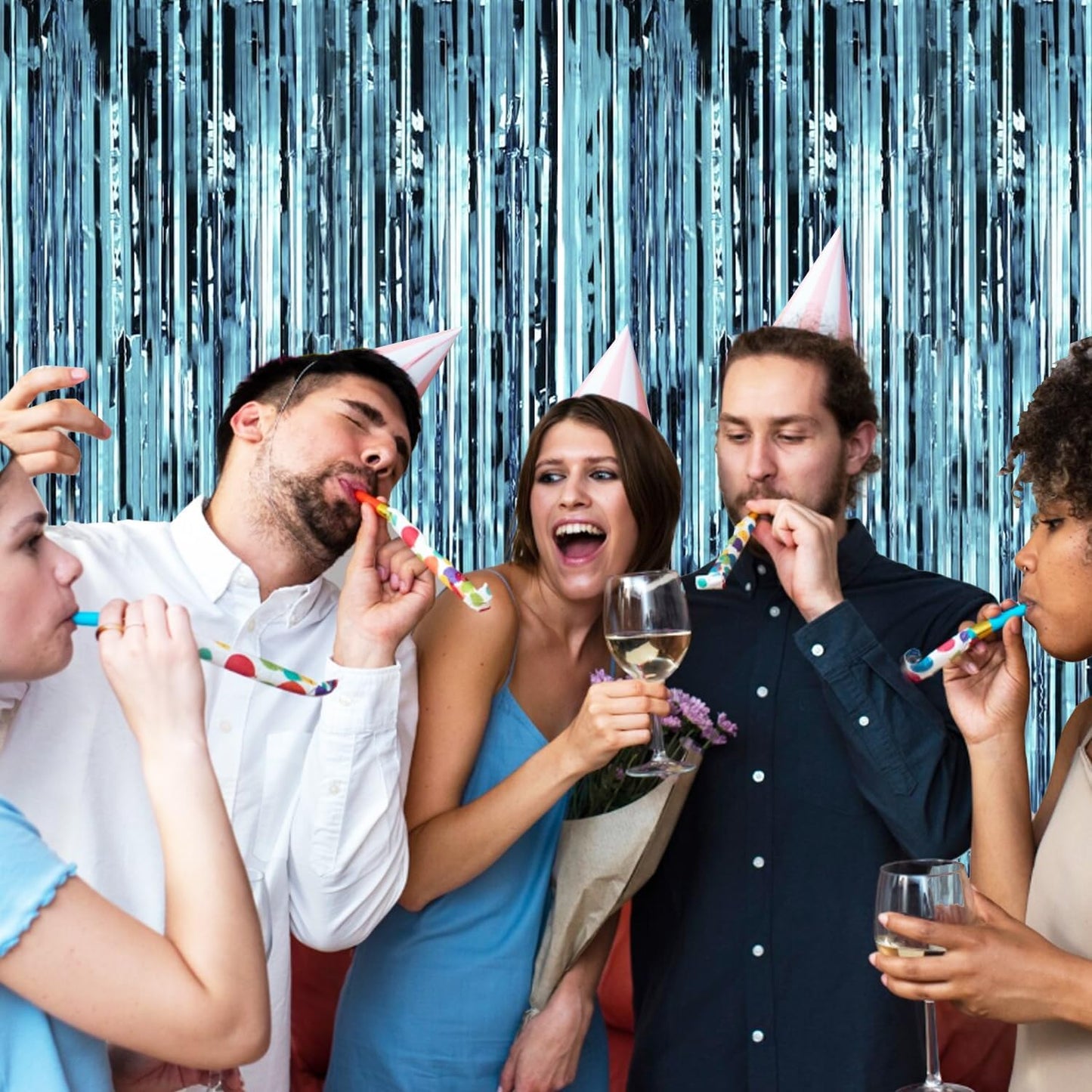 2 Pack Blue Pool Streamers Party Decorations Ocean Beach Theme Tinsel Backdrop Supplies Foil Curtain Backdrop for Baby Shower Birthday Bachelorette Wedding Brial Holiday Celebration Party Decorations