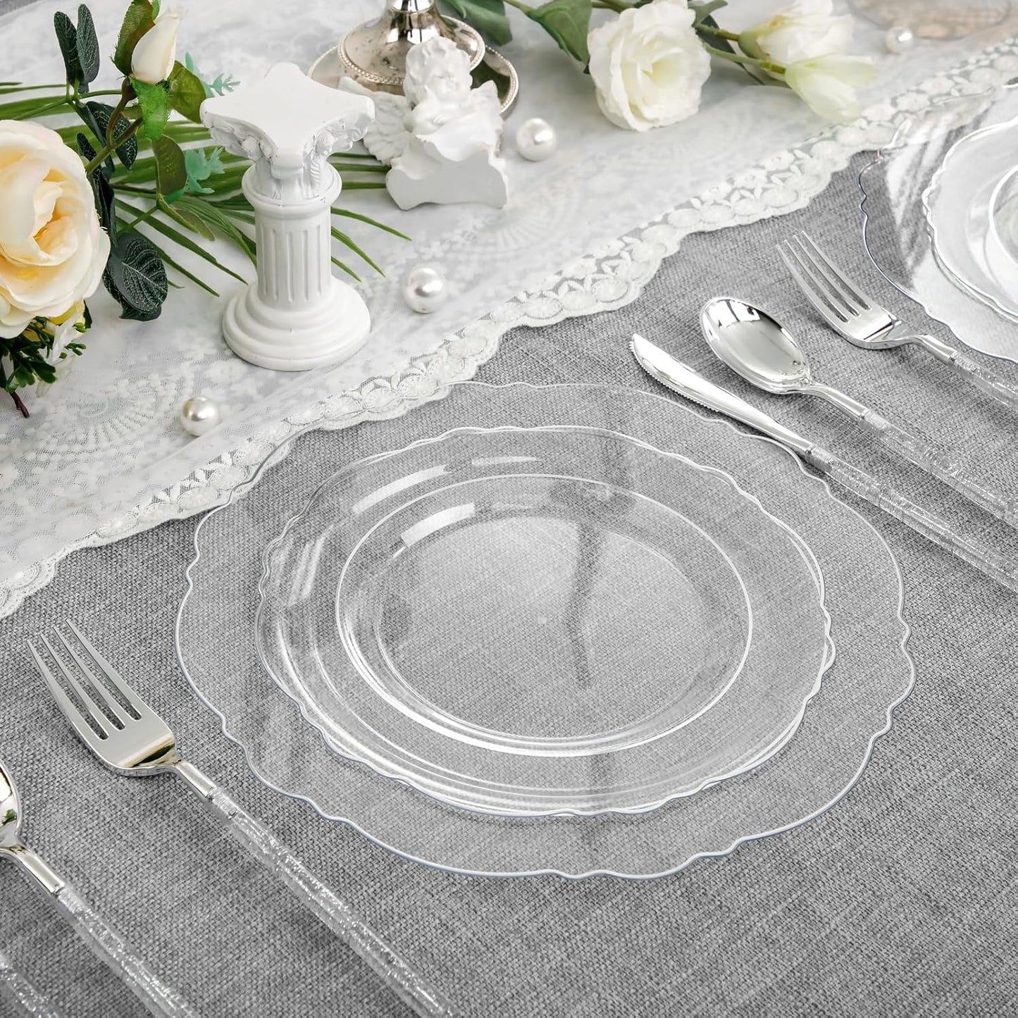 Liacere 150PCS Clear Silver Plastic Plates & Disposable Silver Plastic Silverware with Glitter Bamboo Handle Cutlery-Baroque Clear Disposable Plates for Wedding & Easter day & Mother's Day