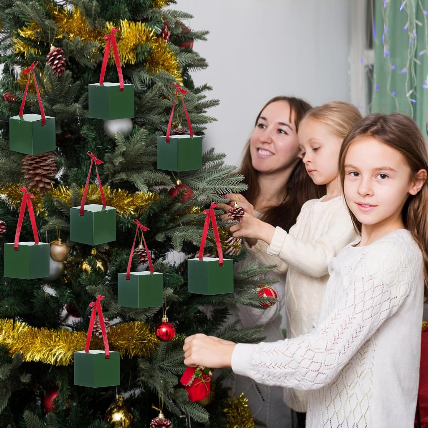 DOYIDE 60 Pcs Small Gift Boxes, 3x3x3 inches Kraft Paper Gift Box with Ribbons, Green Candy Boxes for Christmas Wedding Favors Baby Shower Bridal Shower Birthday Party