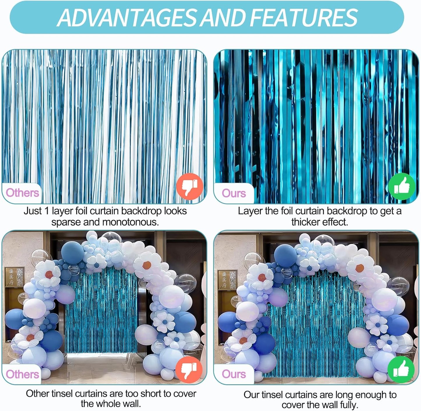 2 Pack Baby Blue Foil Fringe Curtains Door Streamers Party Decorations 3.3 x 8.2 ft, Tinsel Curtain Fringe Backdrop for Parties, Door Fringe Birthday Streamers, Photo Booth Backdrops, Party Decor
