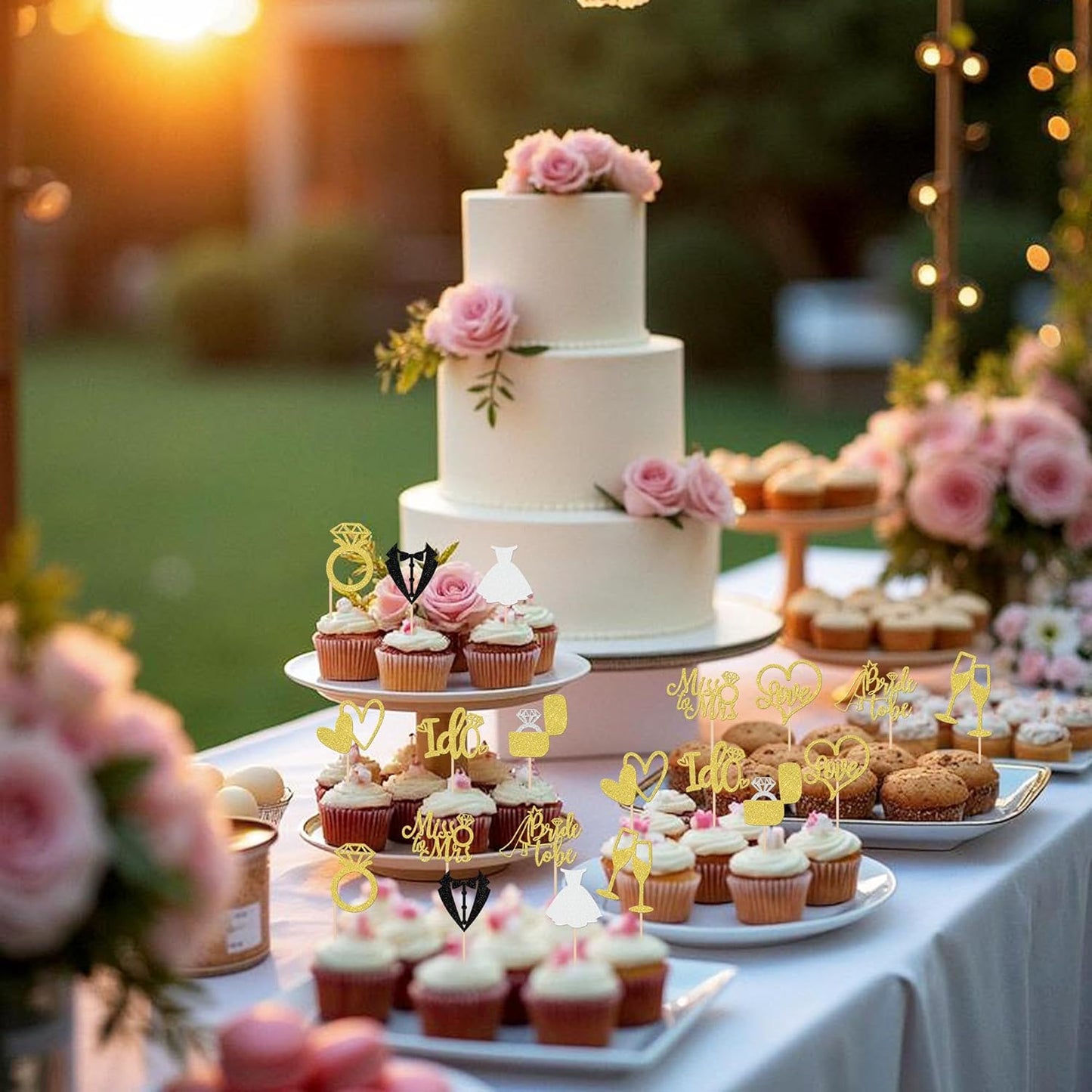 30 PCS Bride to Be Cupcake Toppers Glitter Wedding Cupcake Toppers I Do Love Heart Ring Miss to Mrs Cupcake Picks for Bridal Shower Wedding Engagement Party Cake Decorations Supplies Gold