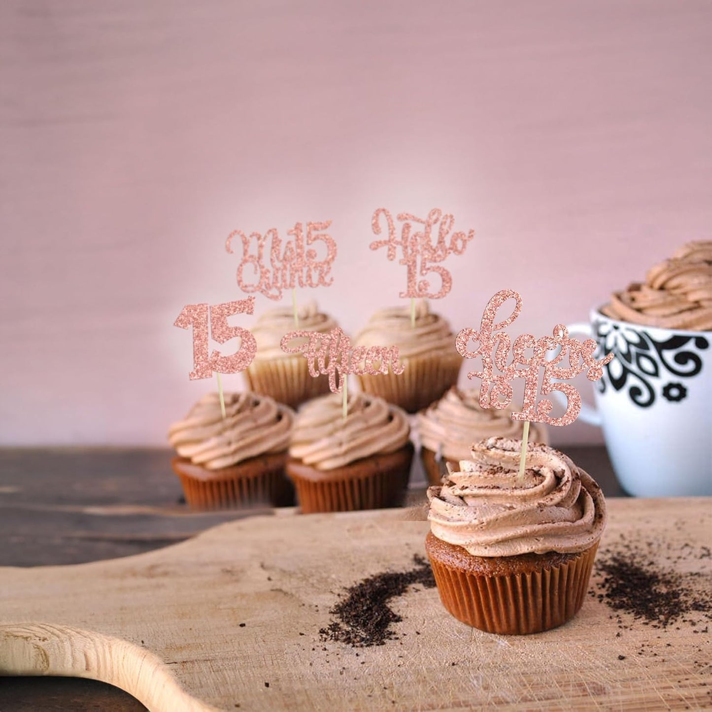 30Pcs 15th Birthday Cupcake Toppers Fifteen Cupcake Picks Cheers to 15 Years Old Mis Quince 15 Cake Decorations for 15th Birthday Anniversary Party Rose Gold Glitter