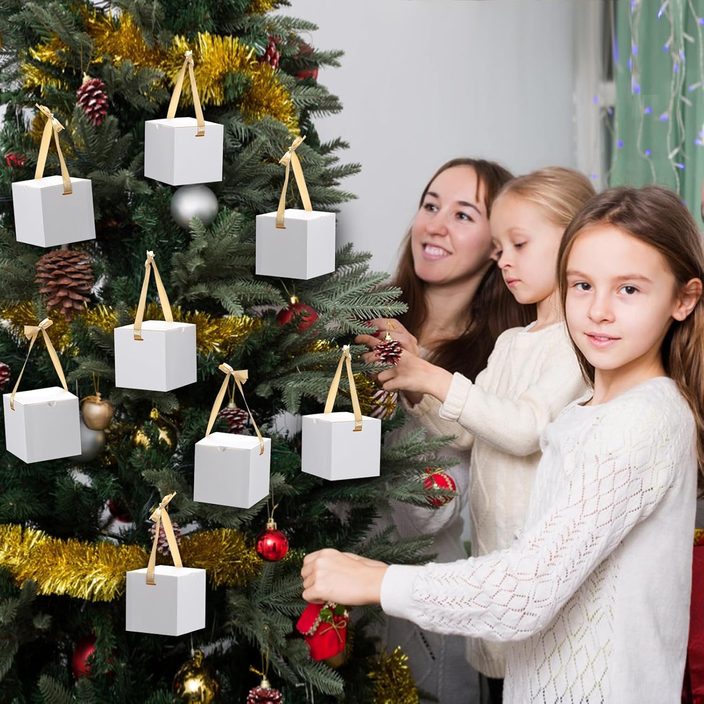 DOYIDE Small Gift Boxes, 60 Pcs 4x4x4 Inch White Elegant Paper Box with Ribbons, Party Favor Boxes for Candy Cupcake Christmas Wedding Baby Shower Bridesmaids Birthday