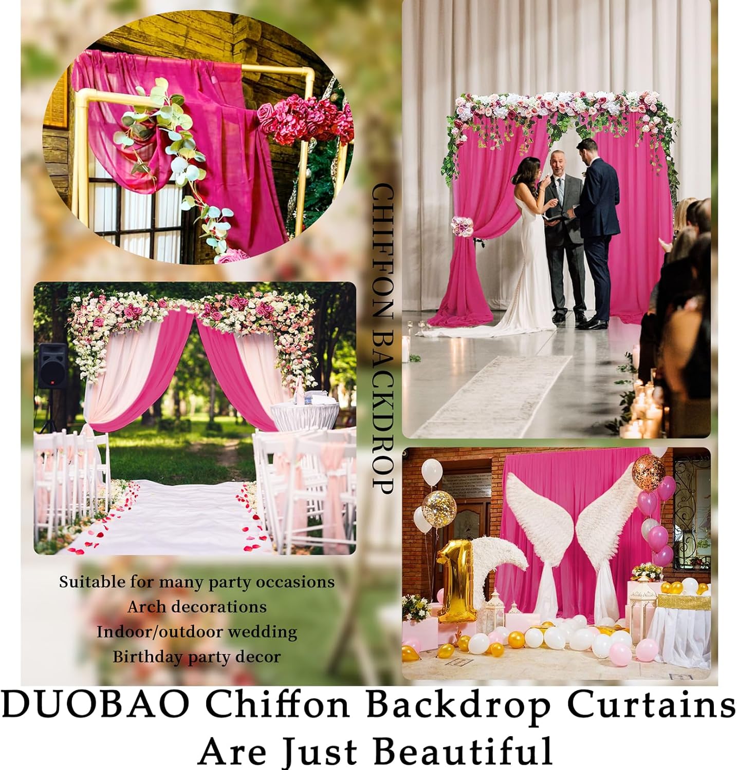 DUOBAO Hot Pink Chiffon Curtains 2 Panels 58 Inch (150cm Wide) by 120 Inches (300cm Long) Fuchsia Wedding Sheer Backdrop Drapes Beach Drape for Living Room Voile Window Curtain (5FTx10FT)
