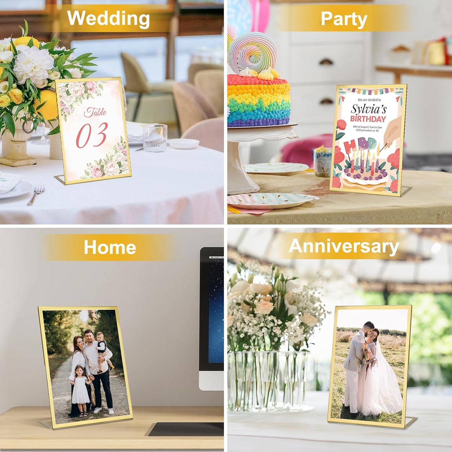 EHWINE 12 Pack Acrylic Sign Holder 8.5 x 11, Gold Picture Frame Stand up Table Top Sign Holders, Slanted Back Paper Holder Clear Display Stand Menu Flyer Holder for Wedding Party