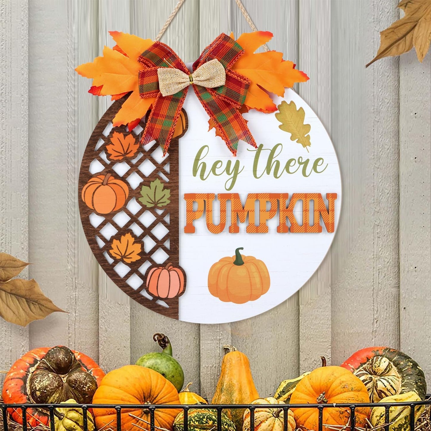 CHDITB Hey There Pumpkin Front Door Sign Wreath(12"x12"), Wooden 3D Hello Fall Autumn Decoration Wall Hanging, Rustic Welcome Home Decor Hanger for Porch Outdoor Thanksgiving