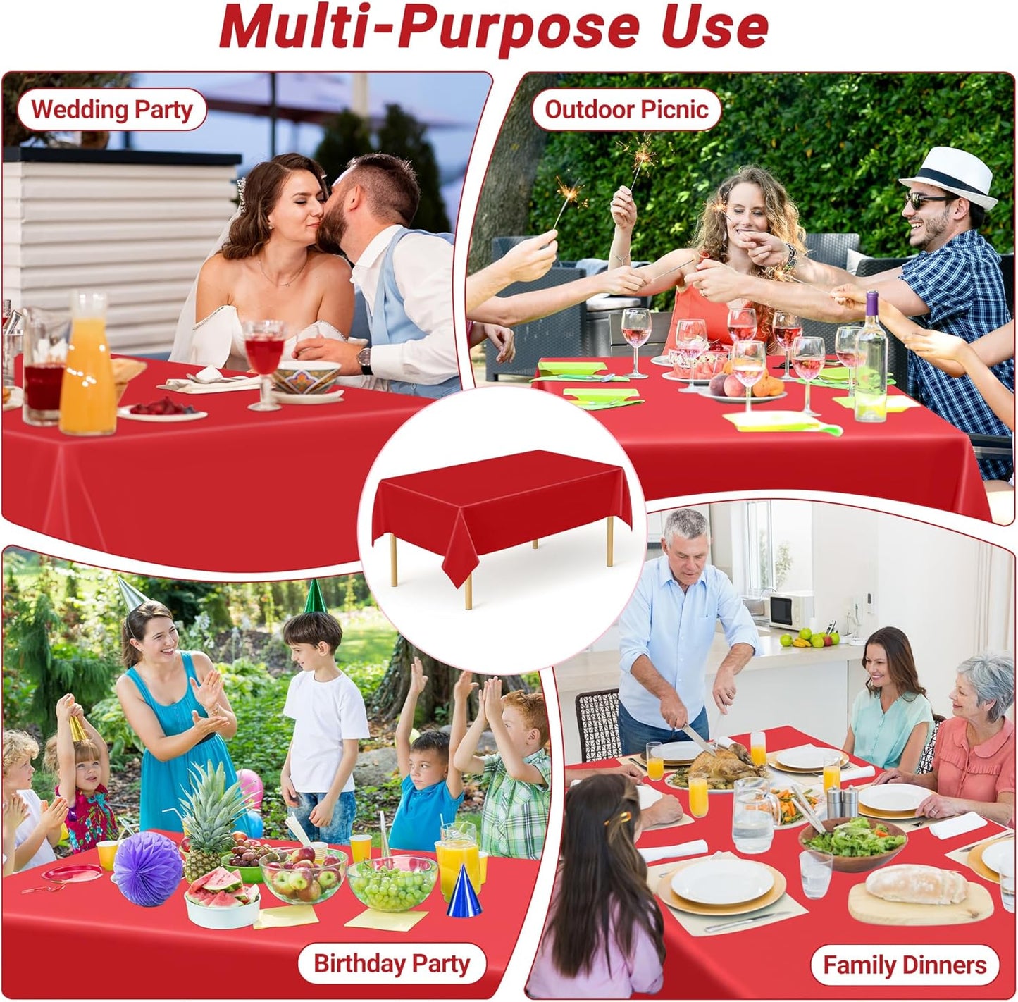 QZYL 4 PCS Picnic Table Cover, 54 x 108 in Rectangle Tablecloth, Red Table Cloth Indoor Outdoor for Baptism Decorations, Waterproof Plastic Tablecloth for Birthday, Wedding and Anniversary