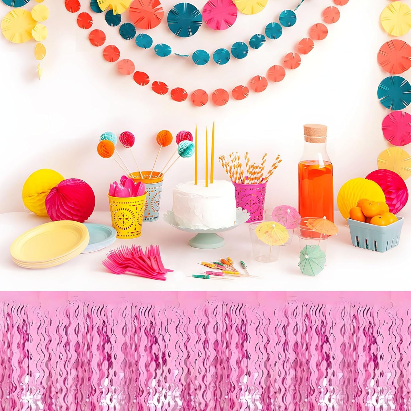 6 Pack 29 x108 Inch Pink Wave Foil Fringe Table Skirts Metallic Banner for Tinsel Streamer Garland Backdrop for Parade Floats, Mother's Day, Easter, Wedding, Birthday Party Decoration