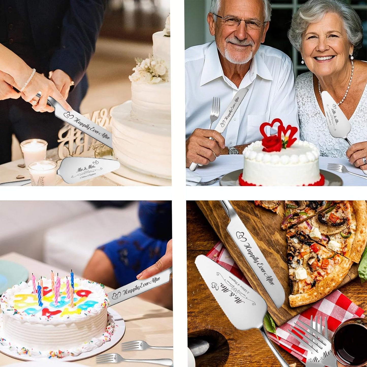 Personalized Wedding Cake Knife and Server Set, Engraved Cake Cutting Set with Stainless Steel Forks, Bridal Anniversary Birthday Wedding Registry Gifts(Non-customized)