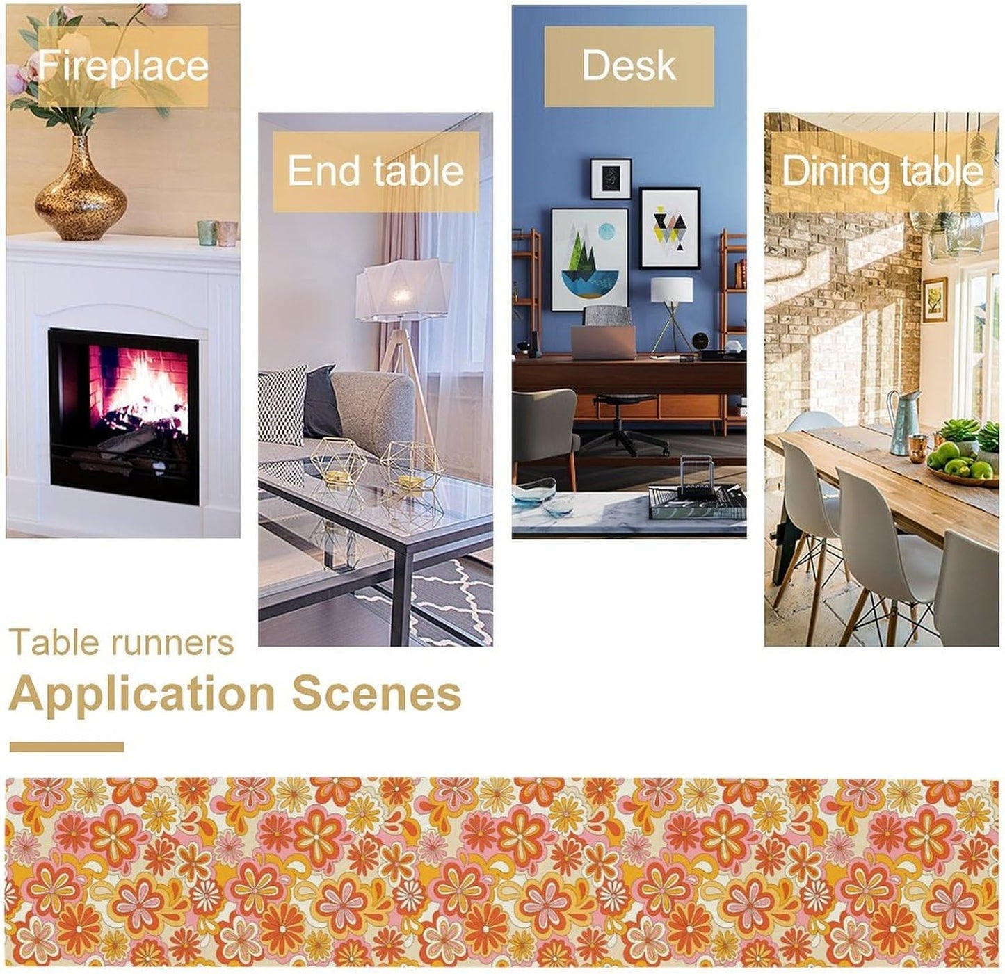 Vintage Floral Table Runner,70s Style Retro Daisies Flower Hippie Table Runner for Kitchen Dining Table Home Party Decoration 13x36 Inch