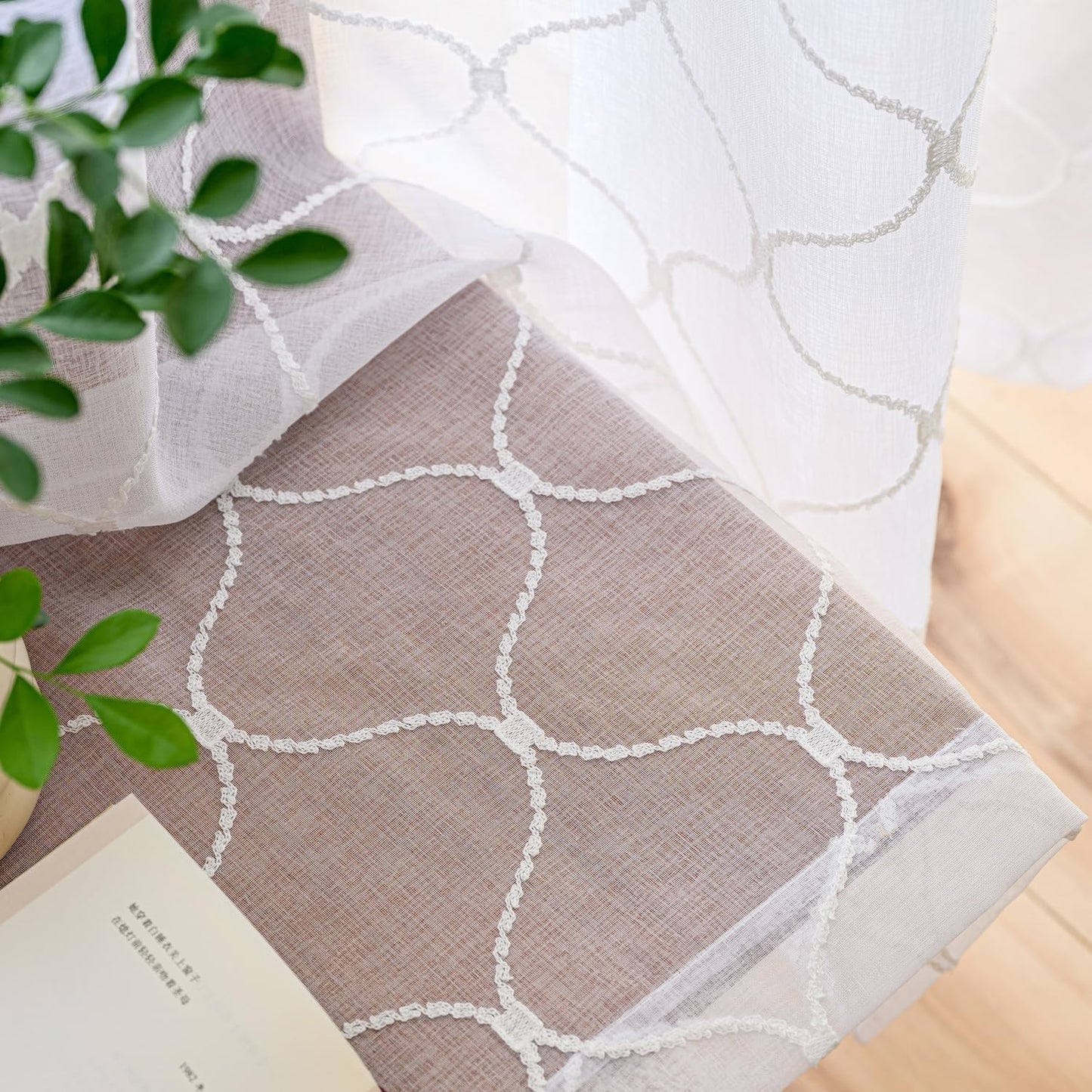 Sheer Curtains White 45 Inches,Wavy Diamond Embroidered Rod Pocket Voile Drapes for Living room, Bedroom, Window Treatments Semi Crinkle Curtain Panels for Yard, Patio, Parlor, 2 Panels, 52"x 45".