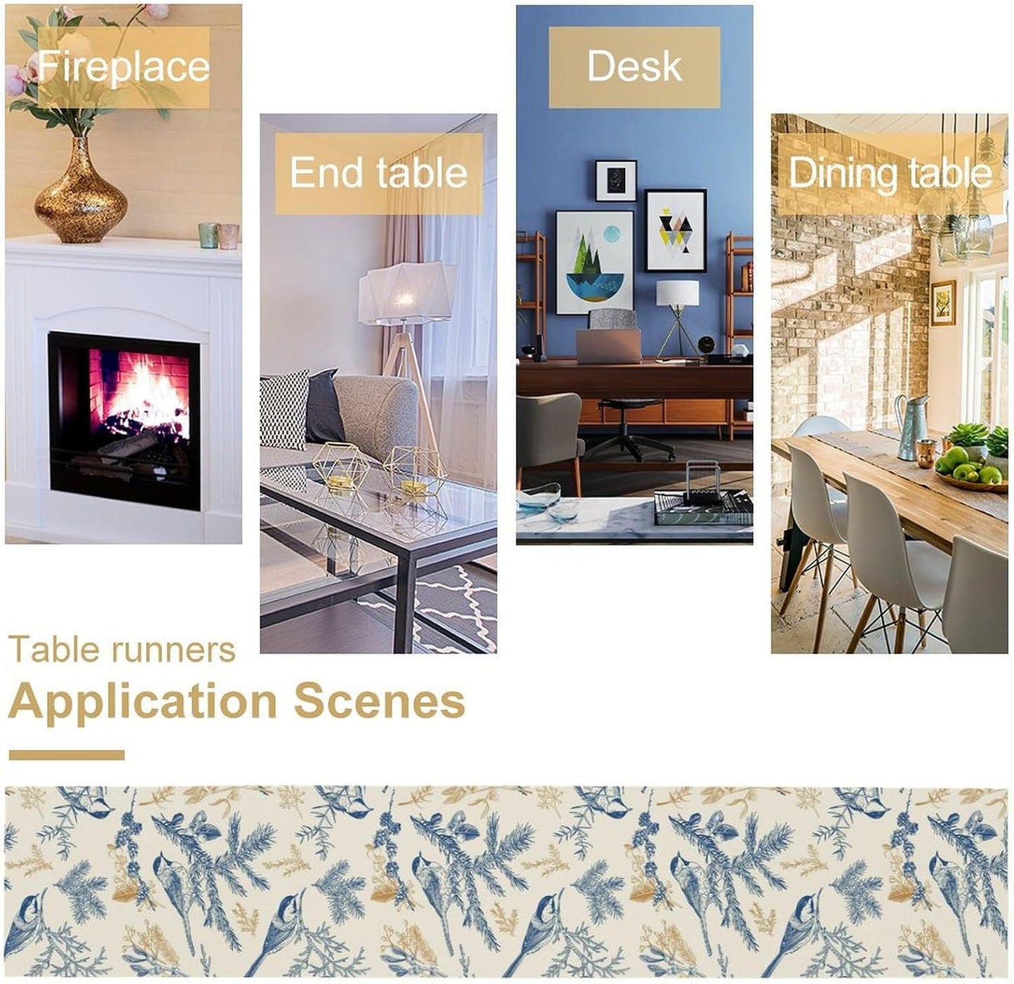 Floral Table Runner,Sketch Birds and Flowers Summer Table Runner Kitchen Dining Table Decoration for Home Party Decor 13x60 Inch