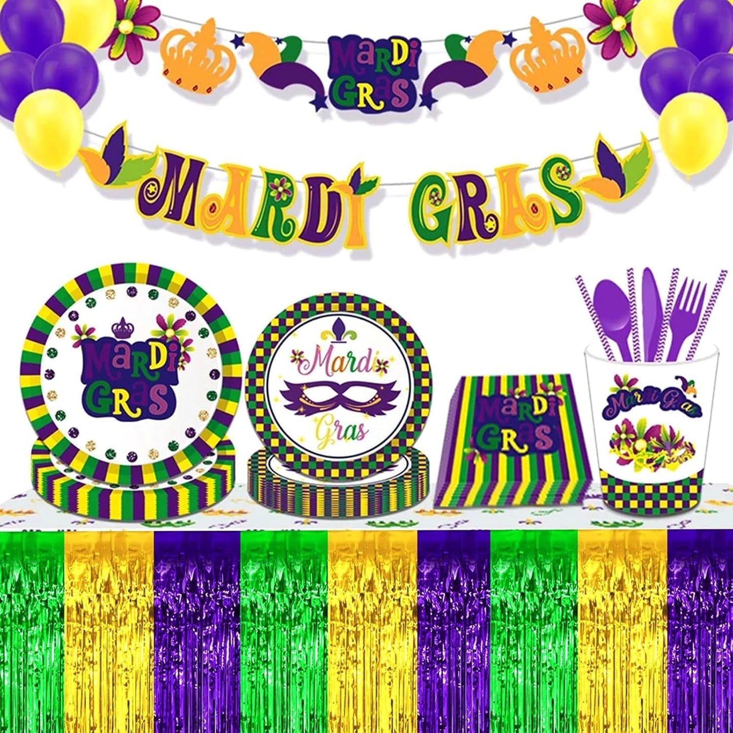 4 Pack 29x108 Inch Mardi Gras Metallic Foil Fringe Tinsel Table Skirts for Rectangle Tables Streamer for Christmas, Birthday, Parade Floats, Halloween Party Supplies(Gold Green Purple)