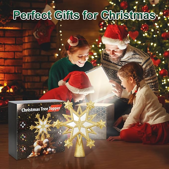 Christmas Star Tree Topper Lighted with 6 Projection Modes, 12-Pointed Star Christmas Tree Topper with Built-in LED Rotating Lights, Gold Christmas Tree Ornament for Xmas Holiday Decorations