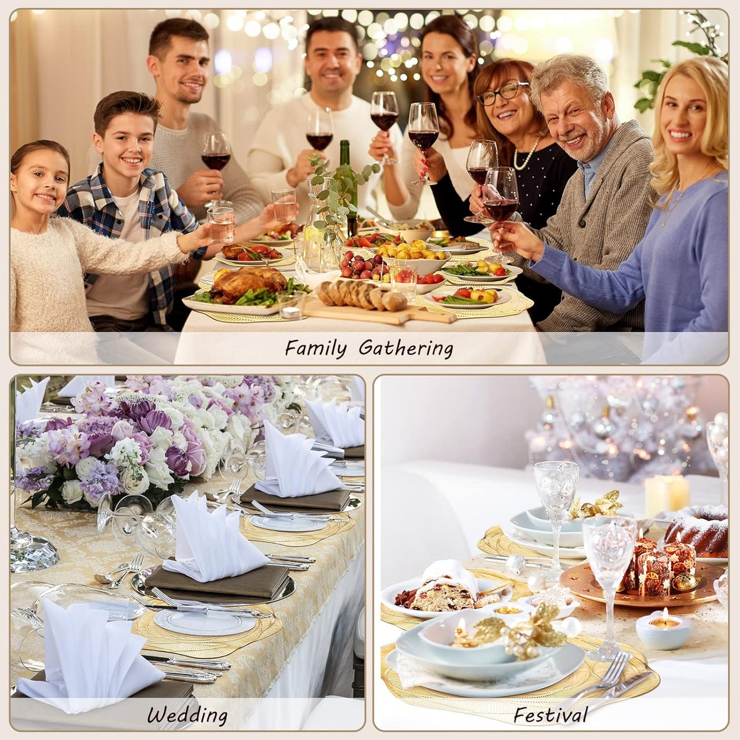 Sieral 48 Set 15 Inch Round Pressed Vinyl Placemats Hollow Out Rose Placemat Set Metallic Slip Resistant Place Mat Coaster Including Place Mats and Coasters for Wedding Dining Kitchen (Gold)